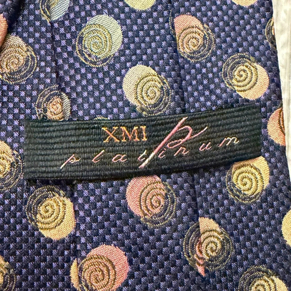 XMI Platinum Silk Tie Navy Blue Spiral Polka Dot Italian Fabric USA Made Luxury